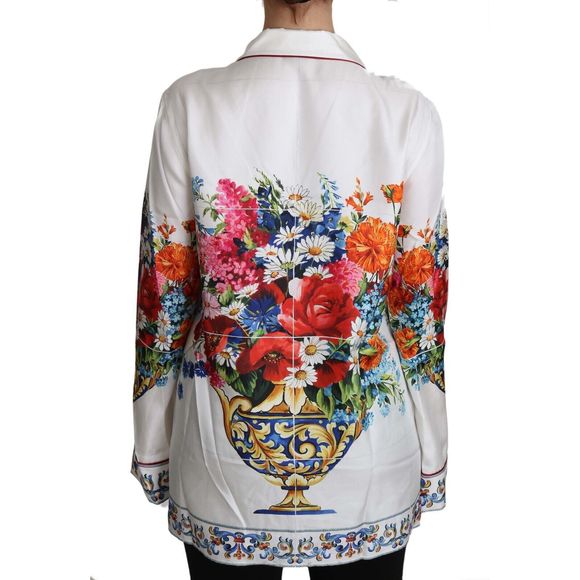 Dolce & Gabbana White Flower Vase Print Silk Lounge Blouse Top - Picture 5 of 6